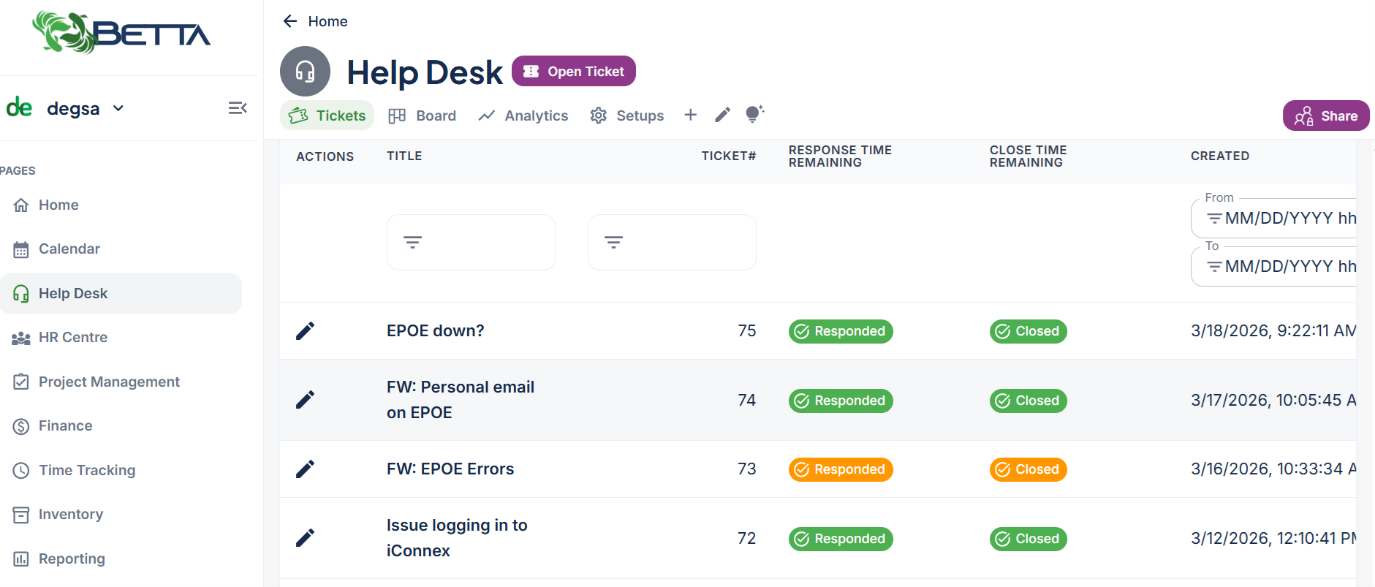 Help Desk ticket list view